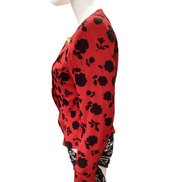 VTG Constance Saunders Blazer Women’s SZ 2 Flower Print Lined Gold Buttons Red - Picture 3 of 5